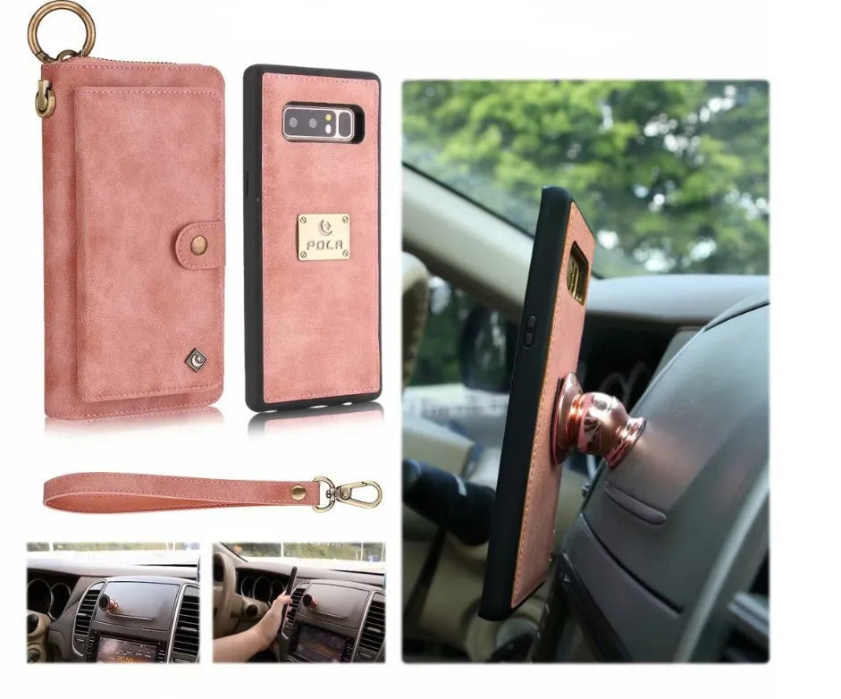 Black imitation leather multi-function wallet phone case for Samsung Galaxy Note8 with zipper closure.