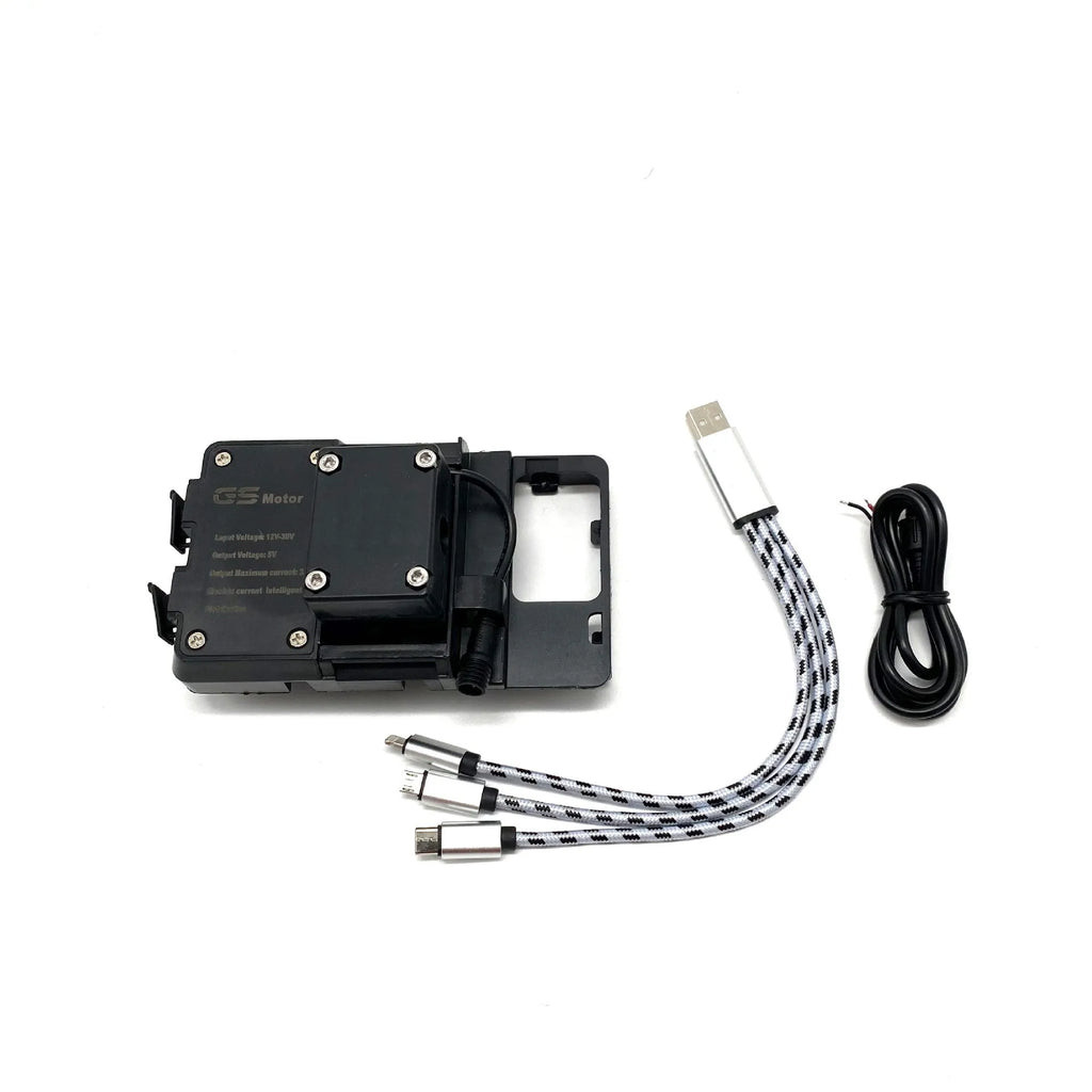 Black ABS plastic phone mounting bracket for BMW R1200GS and R1250GS motorcycles.