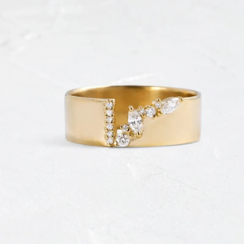 Gold electroplated women's copper ring with shining zircon details showing personality style