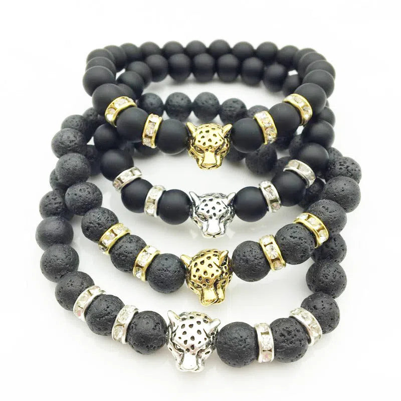 8mm natural stone and lava stone bead bracelet with leopard head pendant for men, 18cm diameter, gold frosted black