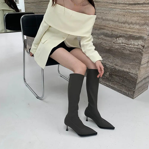 Women's black below the knee boots with pointed toe and stiletto heel, back zipper closure visible