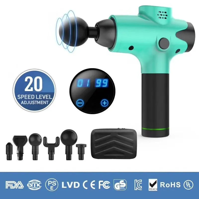 EM03 digital massage gun with LCD screen, six massage heads, and 20 speed levels in black finish