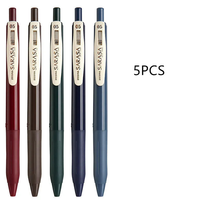 0.5mm bullet gel pen with press water mechanism in a retro style, showing colour options.