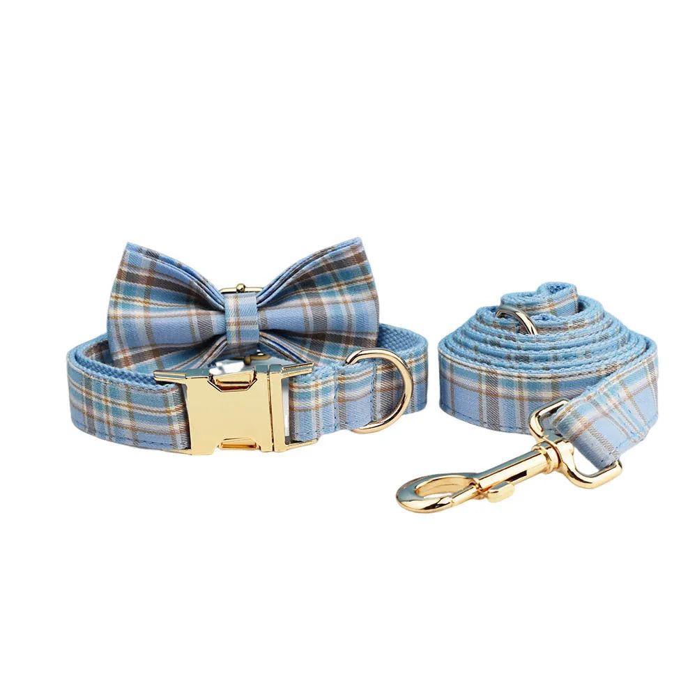 Sky blue grid pattern cloth dog collar and leash set with matching bow and vest on a dog