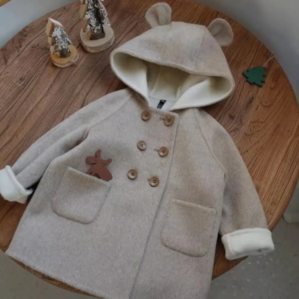 Thickened two-colour double-sided cashmere wool coat for children, hooded double breasted mid-length, apricot beige