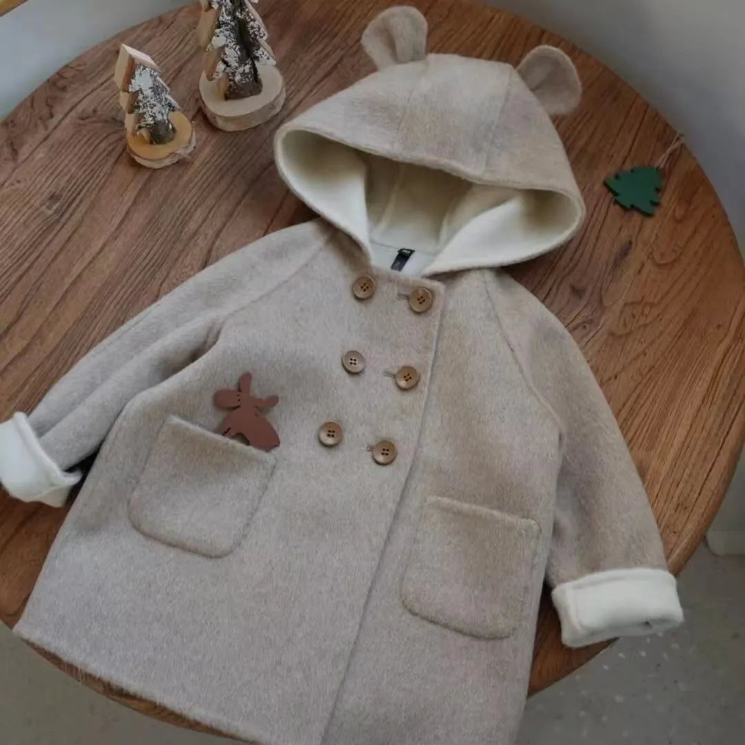 Thickened two-colour double-sided cashmere wool coat for children, hooded double breasted mid-length, apricot beige