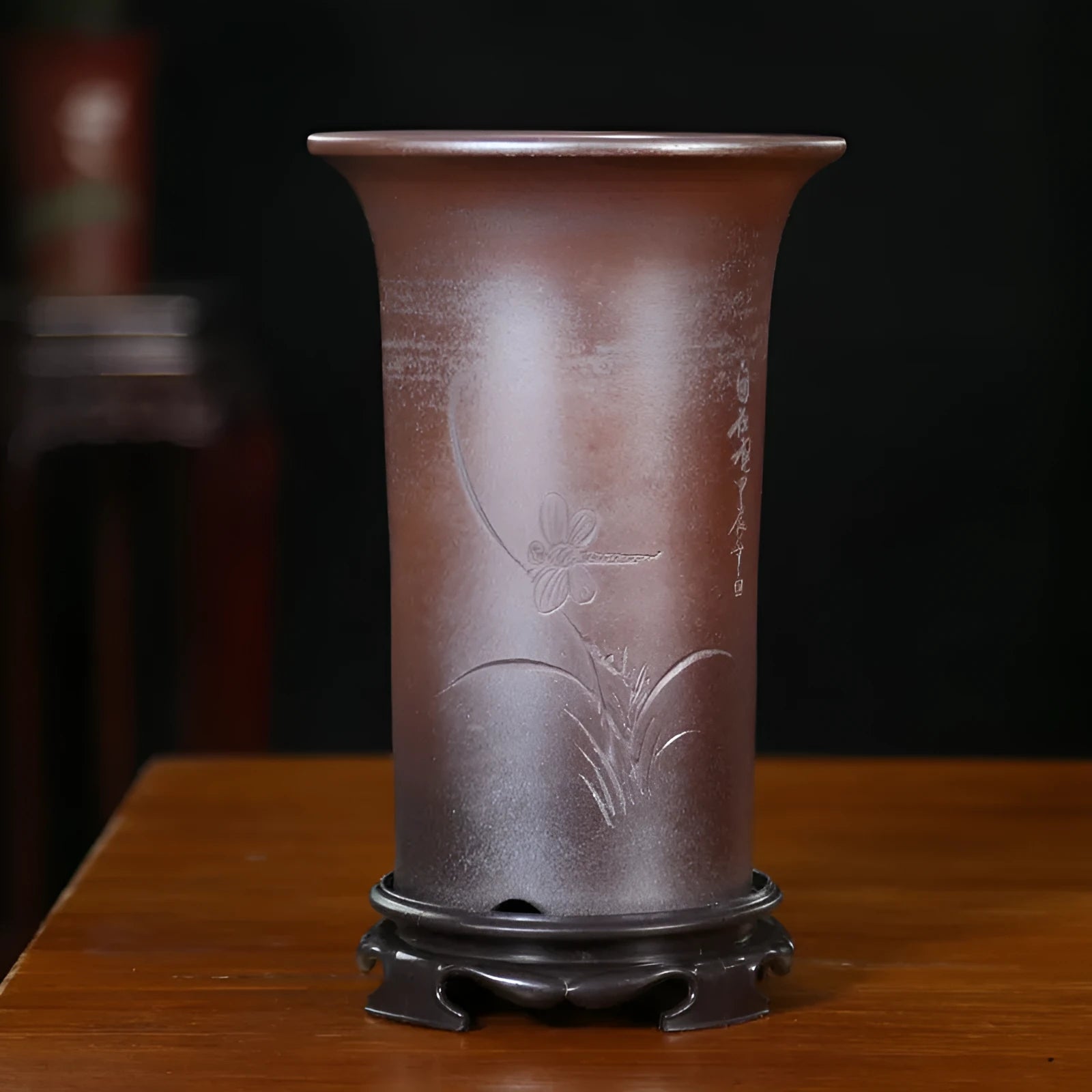 Classical Chinese style round stick bottle orchid pot in firewood flat mouth finish with black plastic support