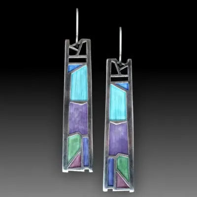 Water drop-shaped silver alloy earrings with irregular oil colour finish measuring 4cm long