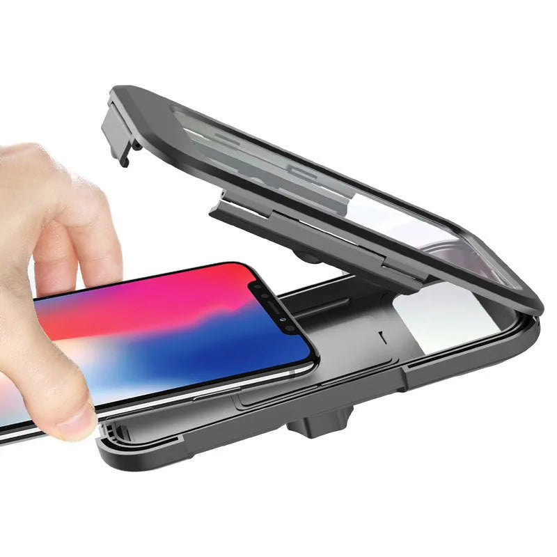 Black waterproof bicycle phone mount with magnetic suction on handlebar holding mobile device