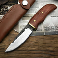 Outdoor survival knife with brown mahogany handle and 8cm stainless steel blade on wooden surface