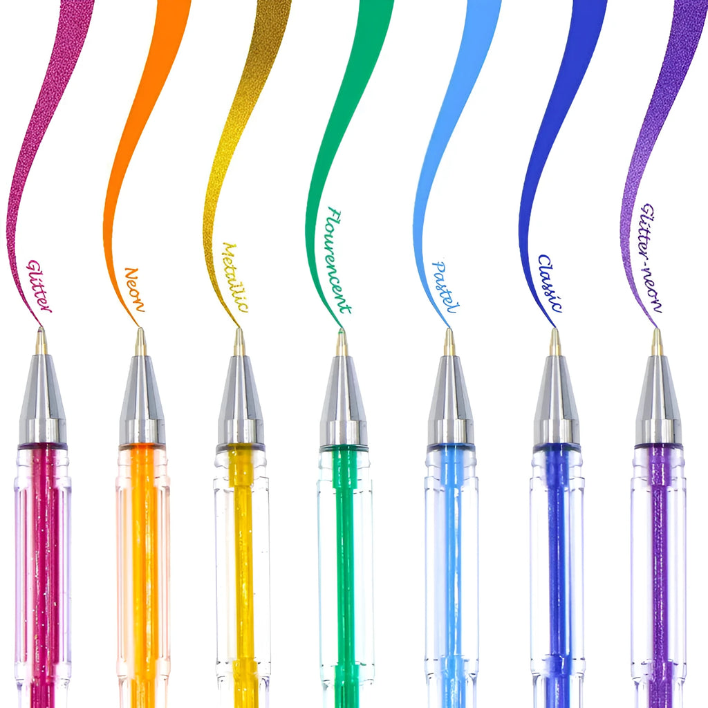 Set of 100 assorted colour gel pens with plastic bodies, showing 0.5mm and 1mm tip options.