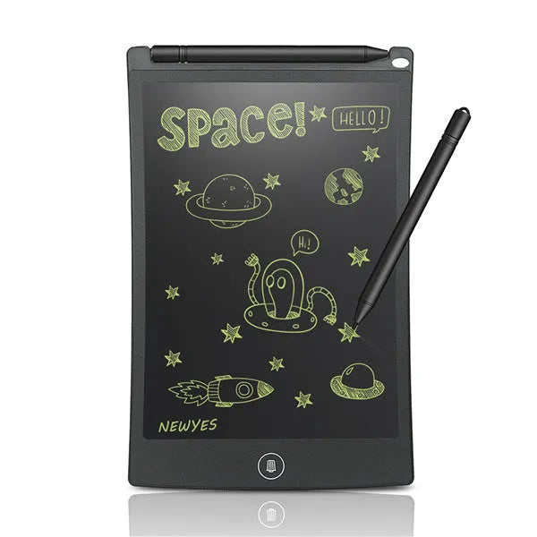 8.5 inch LCD drawing tablet in black showing finger writing on flexible screen with one-key clear button