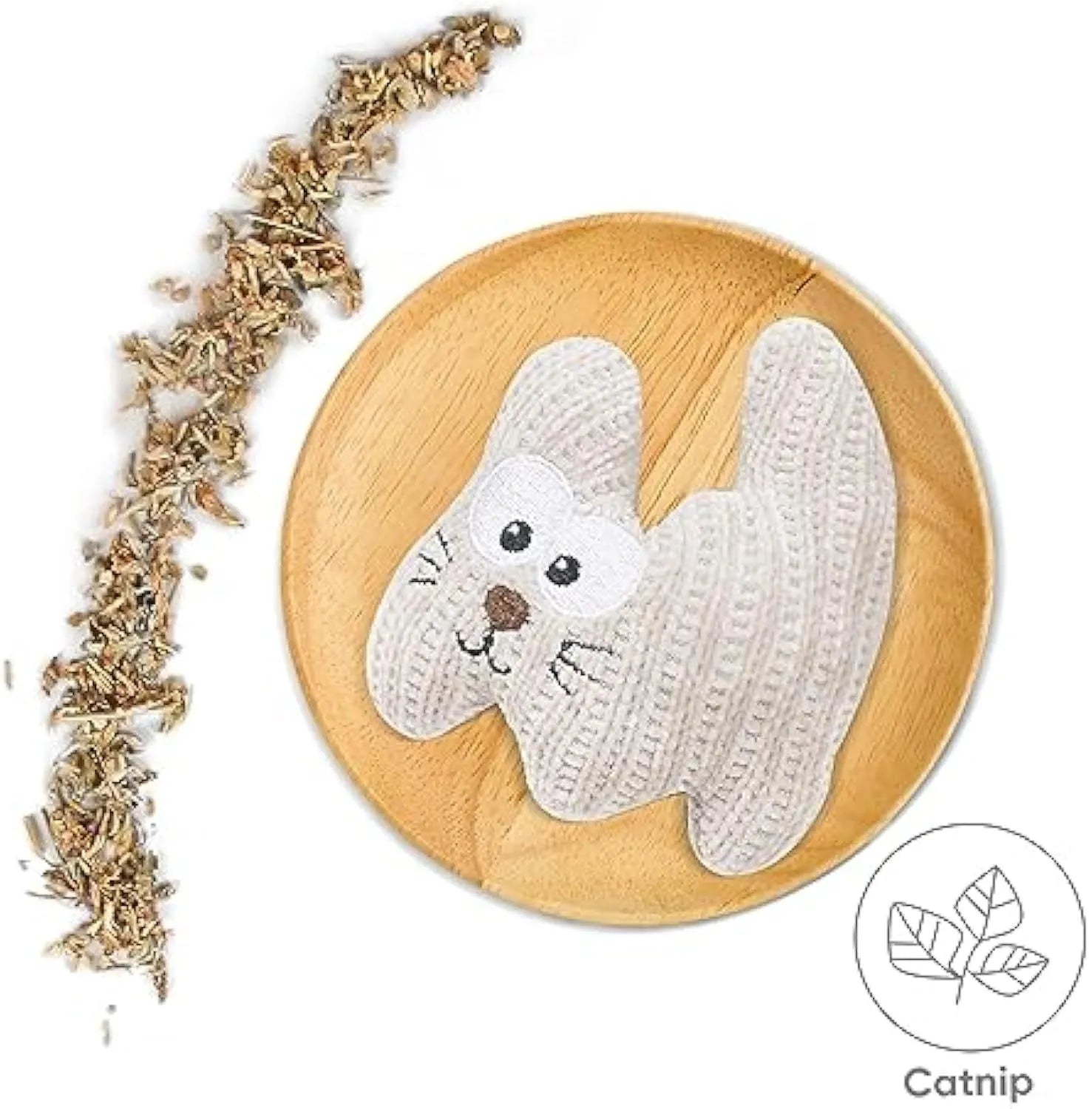 Cyan and light coffee coloured plush cat toys with bells and catnip, measuring 12 by 11 cm.