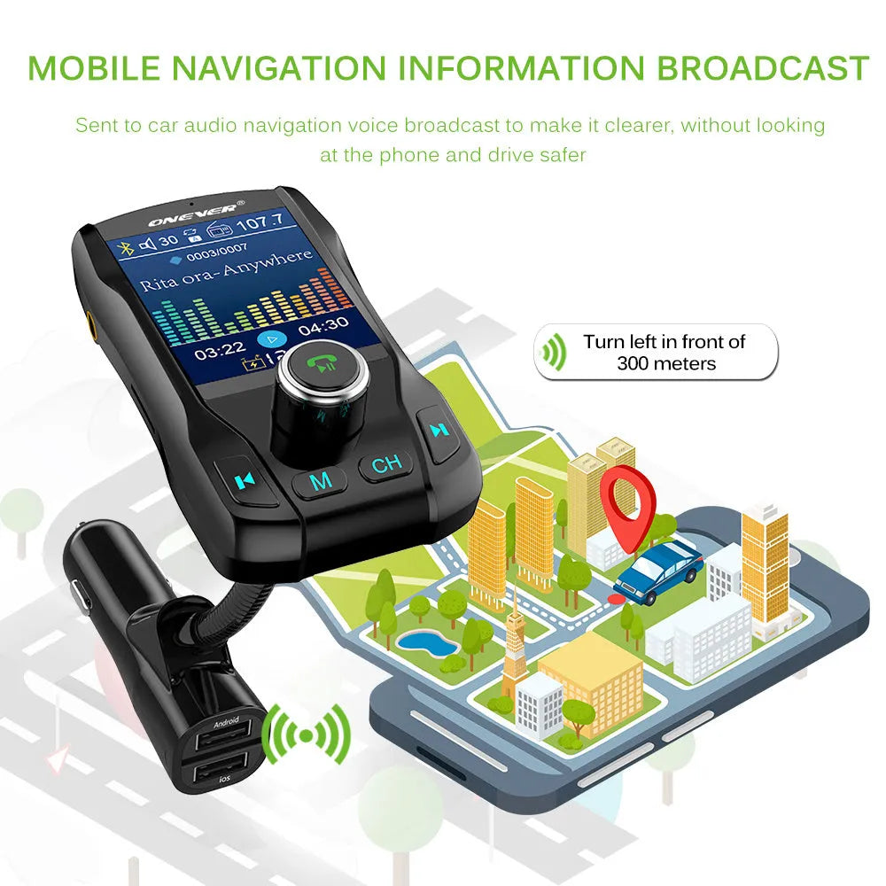 Black Bluetooth car FM transmitter with colour screen and dual USB ports plugged into a car dashboard.