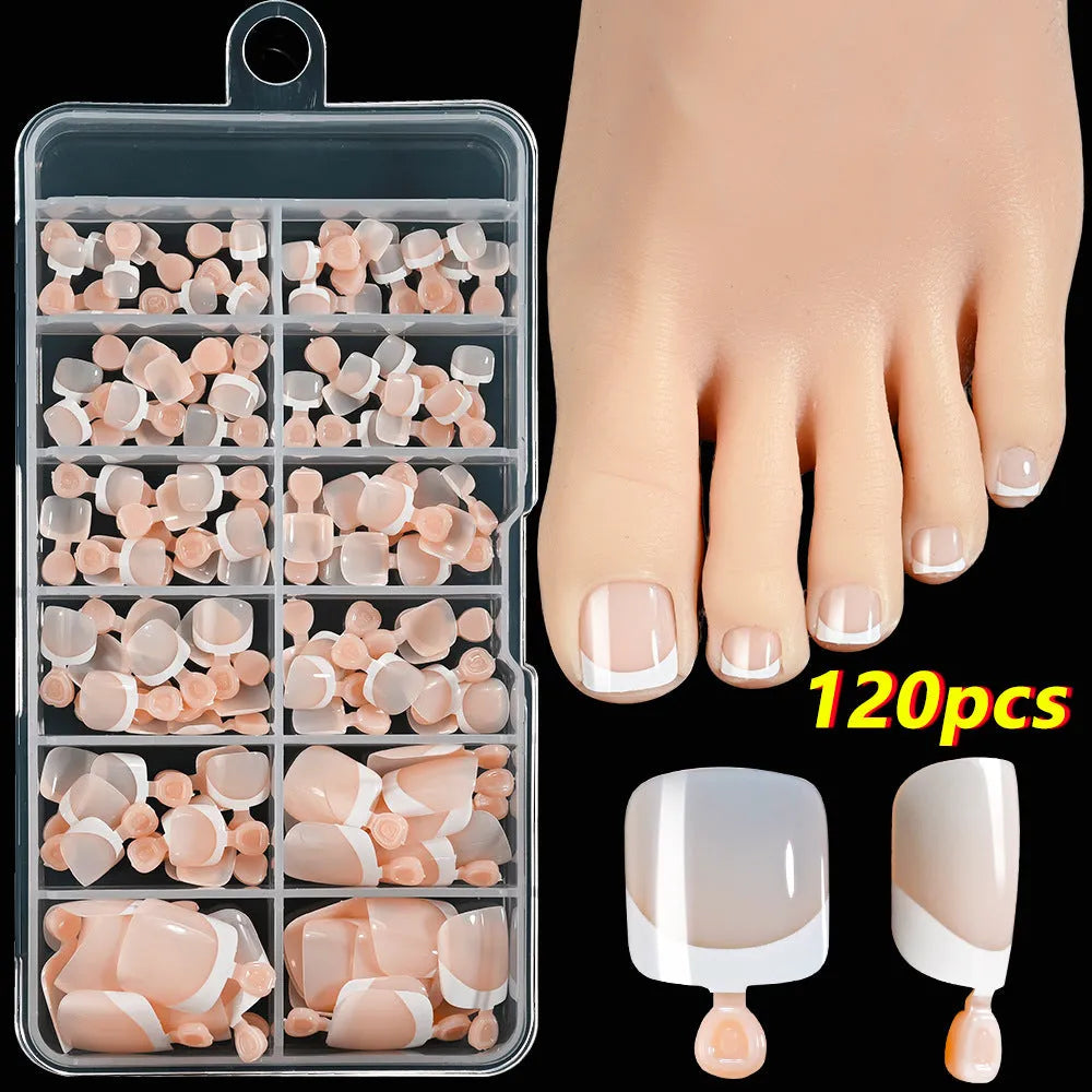 120 pieces box of French white edge short full square toe nail pieces for ladies in multiple colours