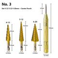 High speed steel cone drill bit and centre punch set with multiple step drill sizes for metalworking