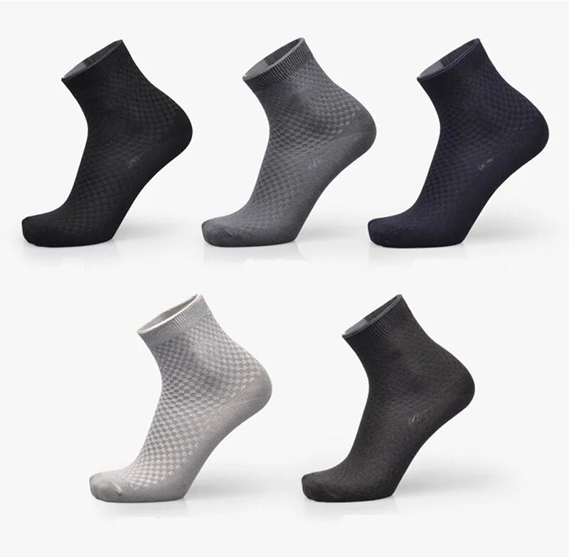 Men's bamboo fibre socks in a small square pattern, shown in navy blue colour.