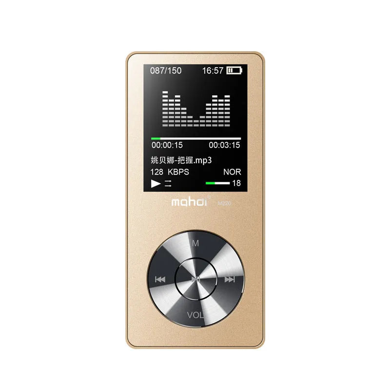 Gold coloured all-metal portable MP3 music player with a 1.8-inch screen.