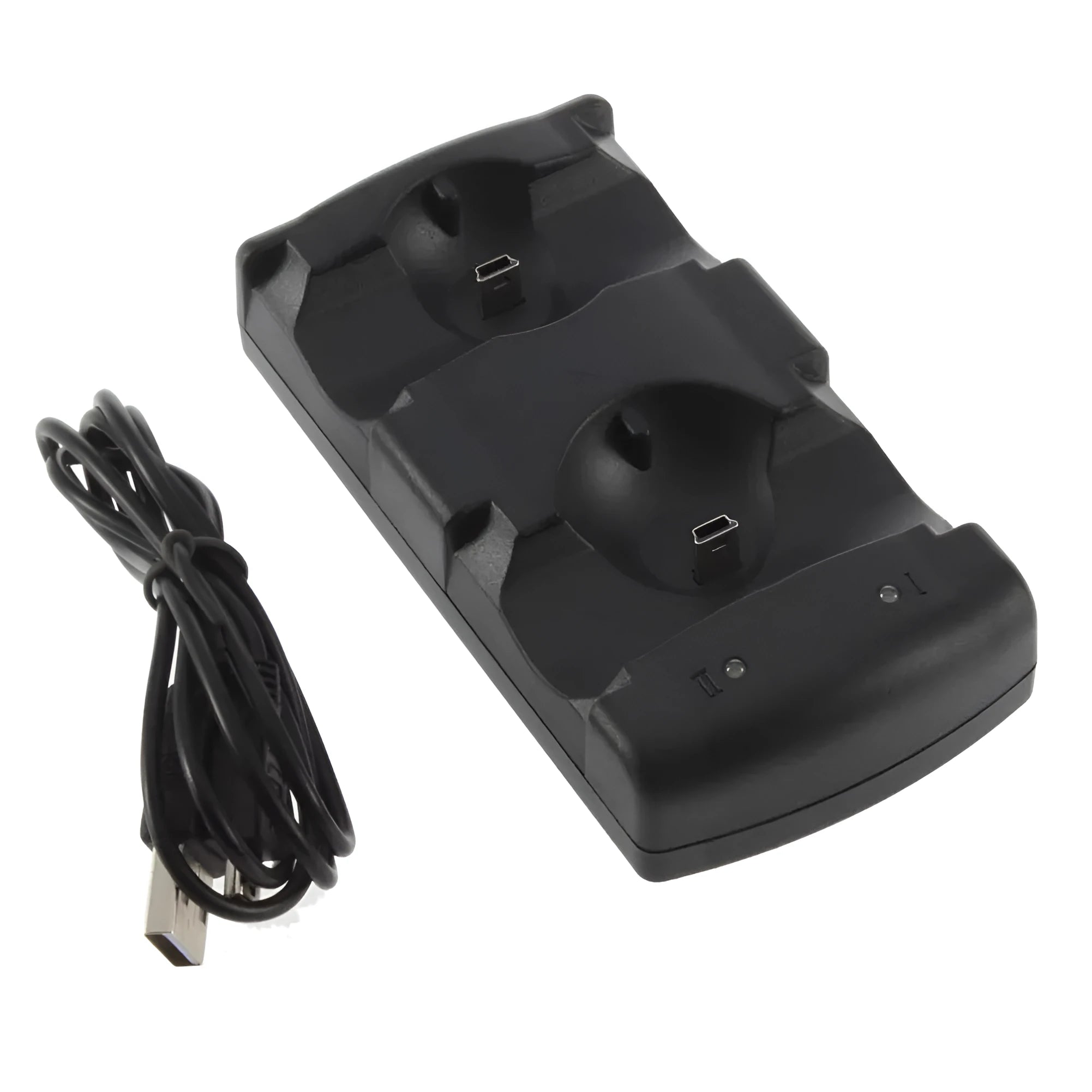 Black PS3 dual USB charging dock for two controllers with included cable.