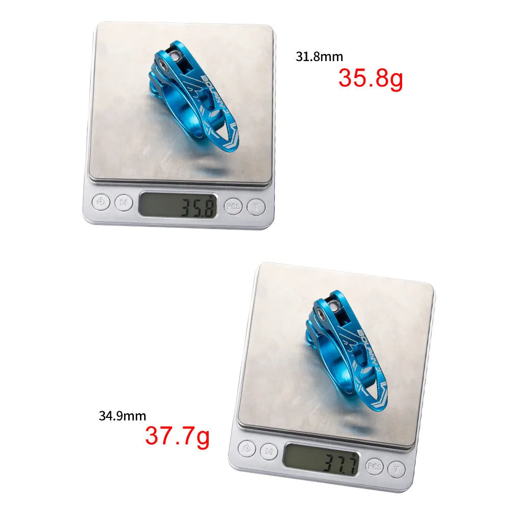 Aluminium alloy bicycle seat post clamp in black, shown next to red, blue, and gold colour options.