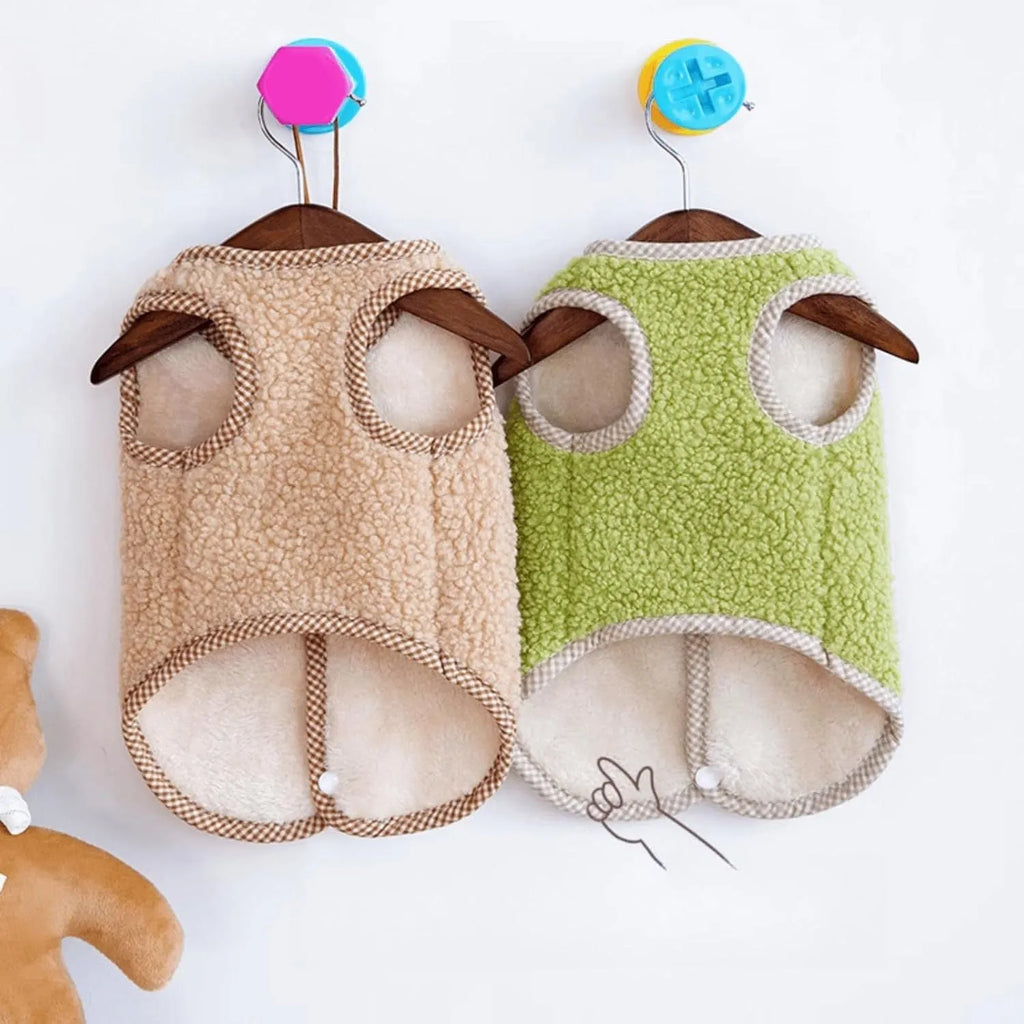 Green dog fleece vest with leash ring for small dogs in winter