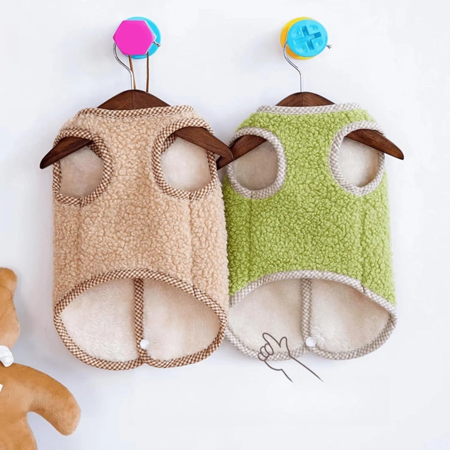 Green dog fleece vest with leash ring for small dogs in winter