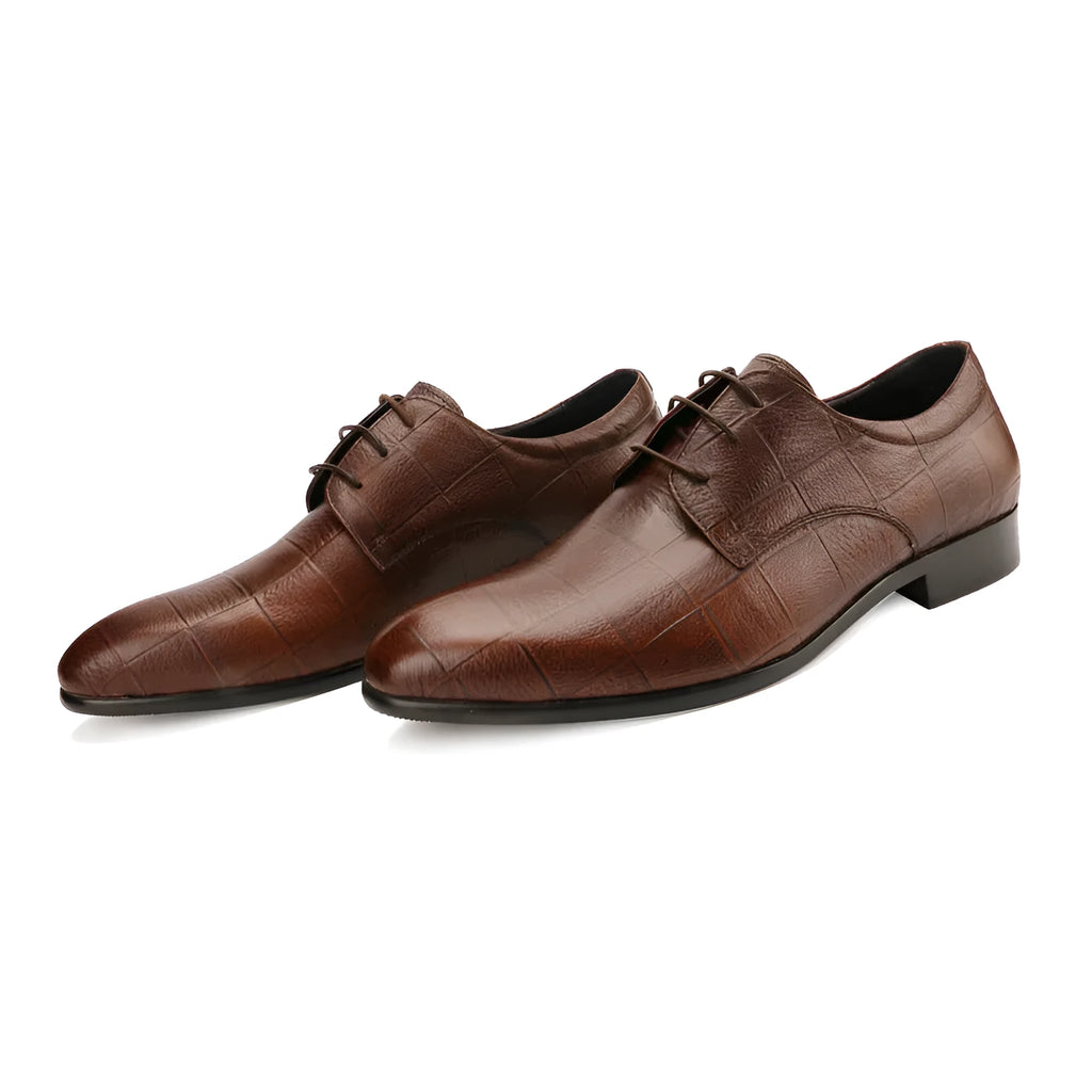 Men's black leather derby shoes with a checkered pattern on the pointed toe.