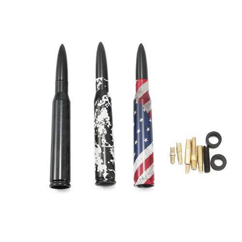 Bullet-style car antenna in camouflage green, black, or American flag design, showing 14cm length.