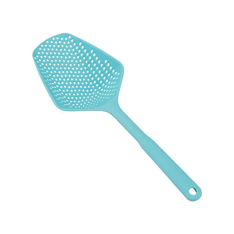 Large black nylon kitchen scoop colander strainer with 19cm diameter for draining food.