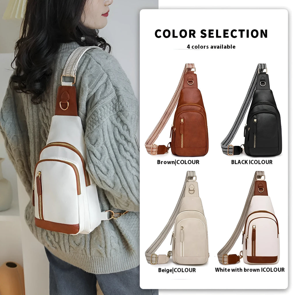 Women's soft PU chest bag in beige colour showing open pocket and crossbody strap
