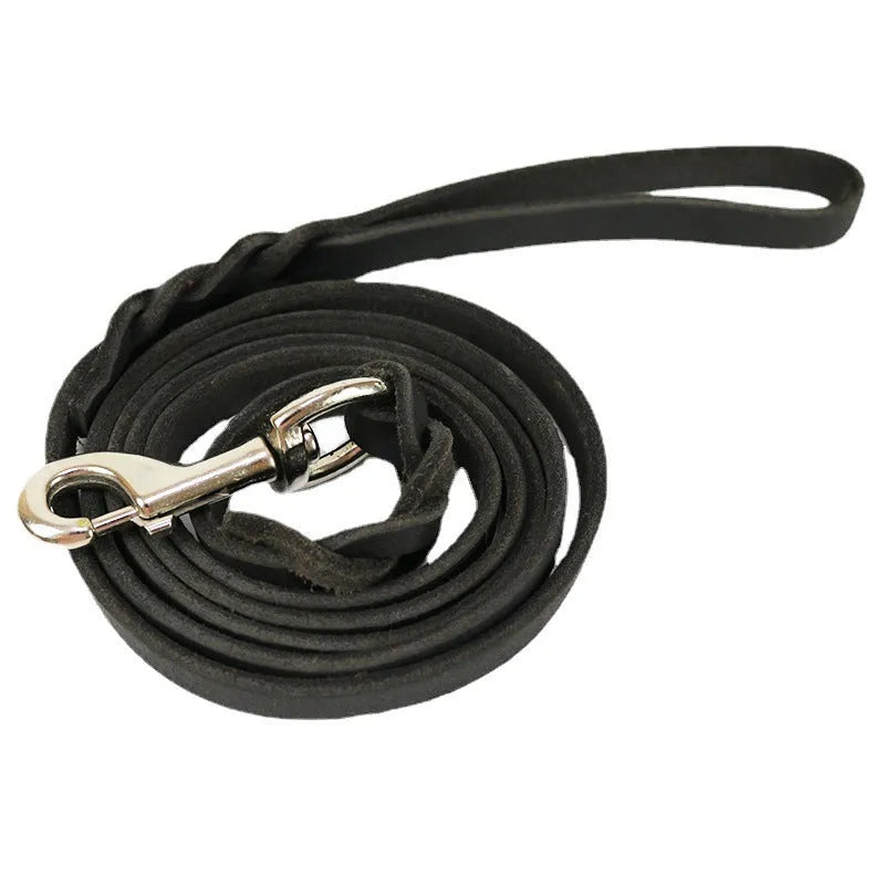 Thickened cowhide dog walking rope in light brown and black colours with multiple length options
