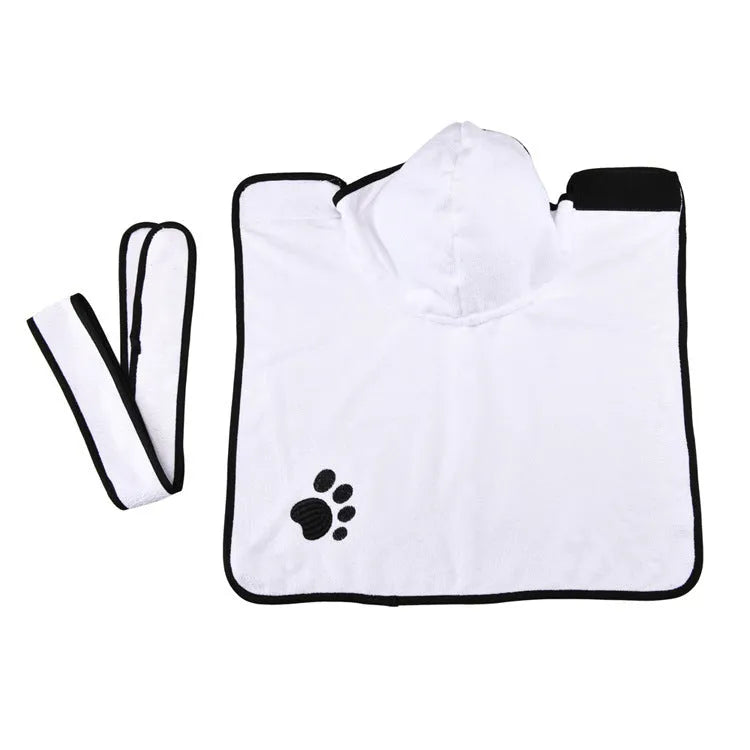 Strong absorbent dog towel pet bathrobe in blue on a dog, showing adjustable belt and Velcro neckline