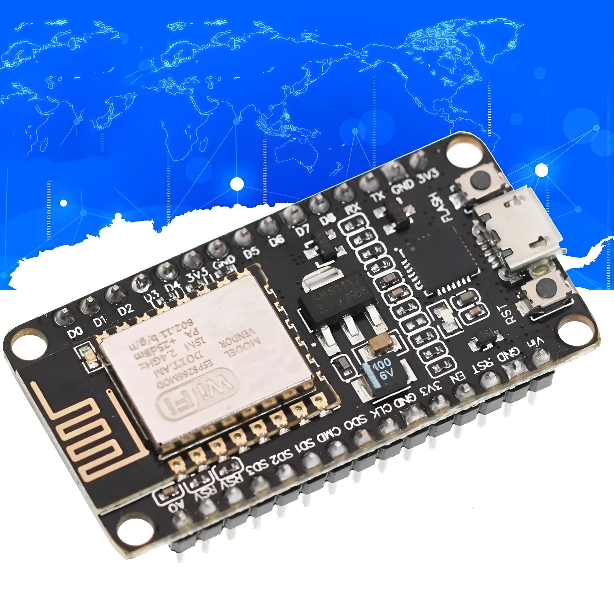 NodeMcu Lua Wi-Fi development board with ESP8266 chip and USB connector.