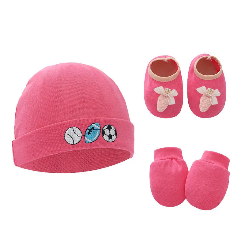 Cotton baby gloves and foot cover set in multiple colours including light blue, navy blue, pink, and camel