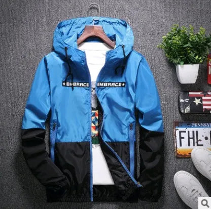 Men's casual hooded jacket in blue with slim fit and stripes, spring autumn thin section coat