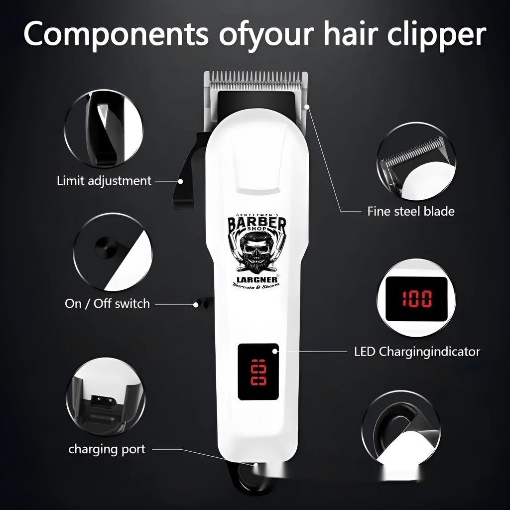 Rechargeable hair clipper kit with stainless steel cutter head and four plastic attachment combs