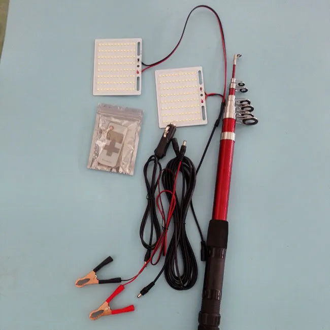 IP68 waterproof LED fishing rod light with telescopic pole and remote control on a 12V battery.