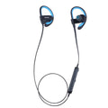 Wireless sports headphones in blue, grey, red, or yellow colours with earplug design.