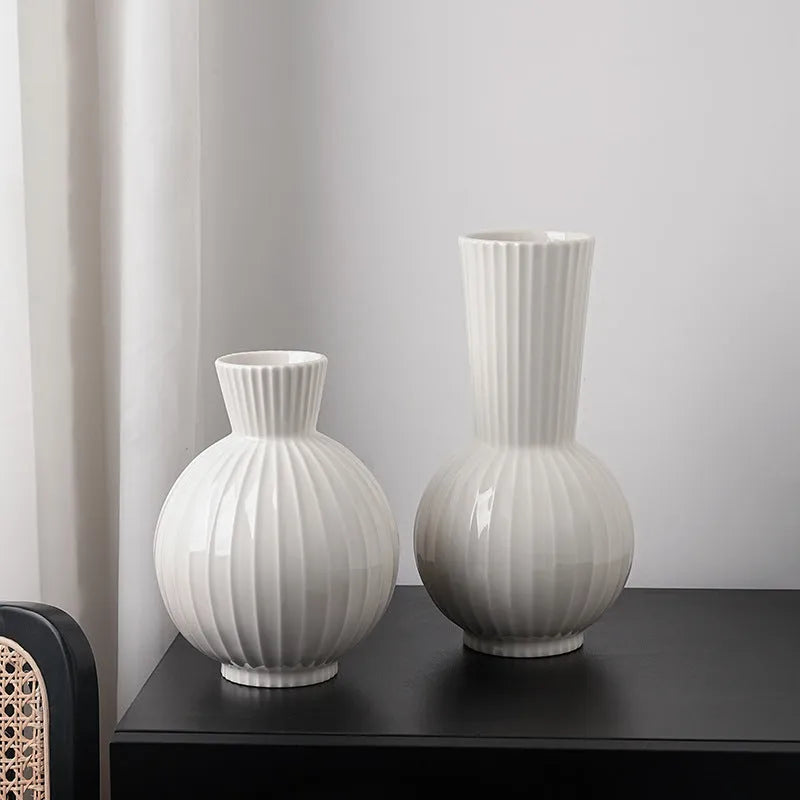 White ceramic ball striped vase in American country style with optional artificial orchid arrangements