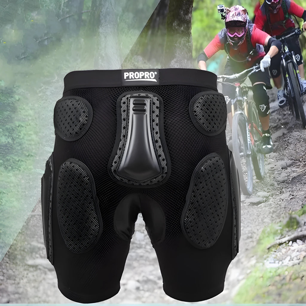 Black cycling protective hip pad pants shown flat, highlighting the integrated hip cushioning area.