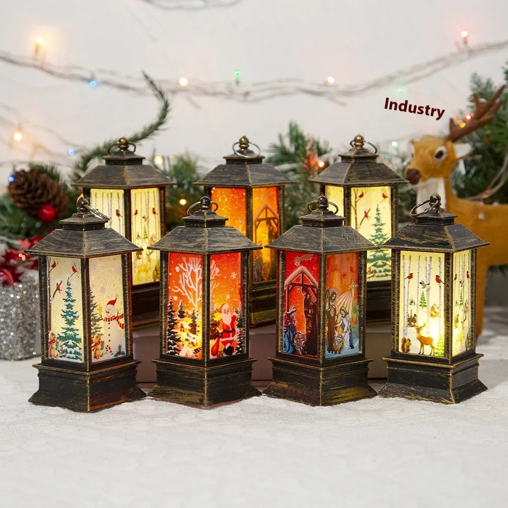 Christmas portable oil lamp with Santa Claus and Christmas tree design, plastic, battery powered, hanging lantern