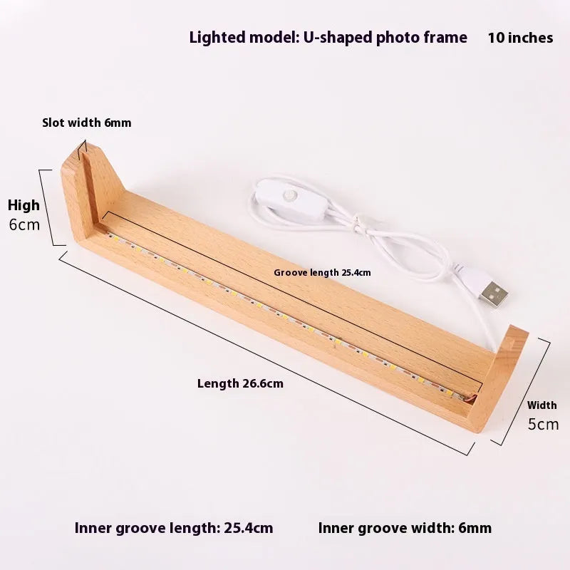 Wooden U-shaped luminous display rack with warm light, beech base, acrylic photo frame, walnut colour, 8 inch size on desk