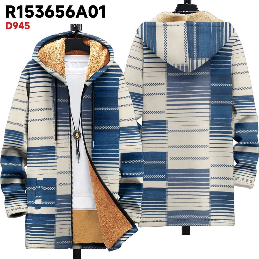 Man wearing a multicolour digitally printed hooded cardigan with a zipper front in a loose fit.