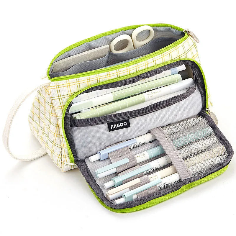 Canvas plaid pencil case with striped Korean style square shape