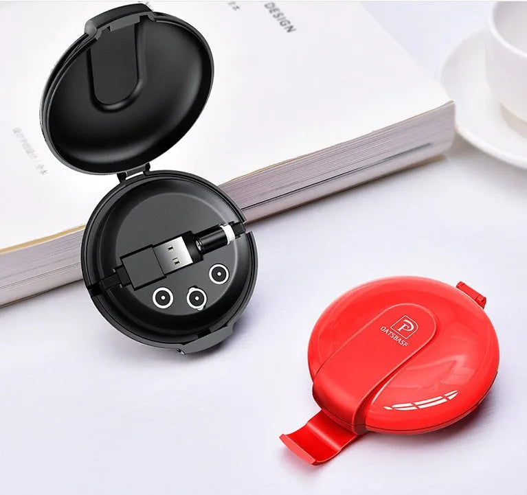 Black 3-in-1 magnetic retractable car phone charger with USB cable and mounting patch