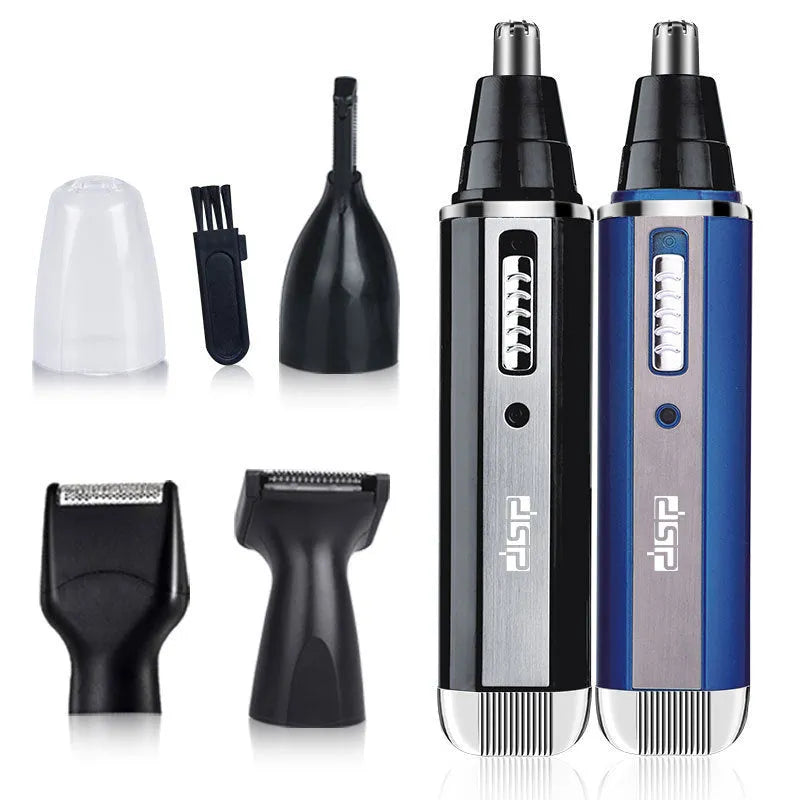 Blue battery-powered electric shaver with main shaving head and a separate nose hair trimmer attachment.