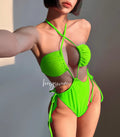 Women's solid colour drawstring one-piece swimsuit in briefs cut on a mannequin.