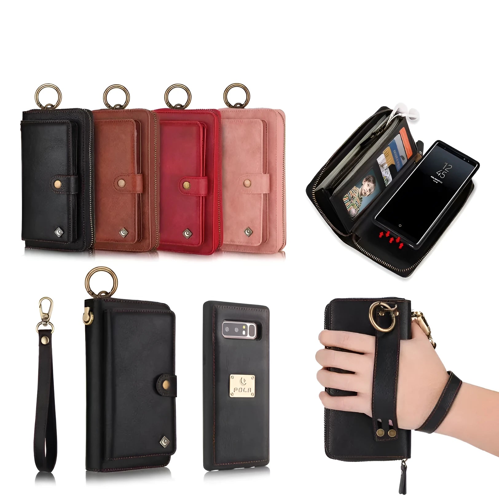 Black imitation leather multi-function wallet phone case for Samsung Galaxy Note8 with zipper closure.
