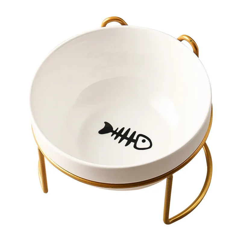 White ceramic cat bowl with decorative iron frame in cat ear design