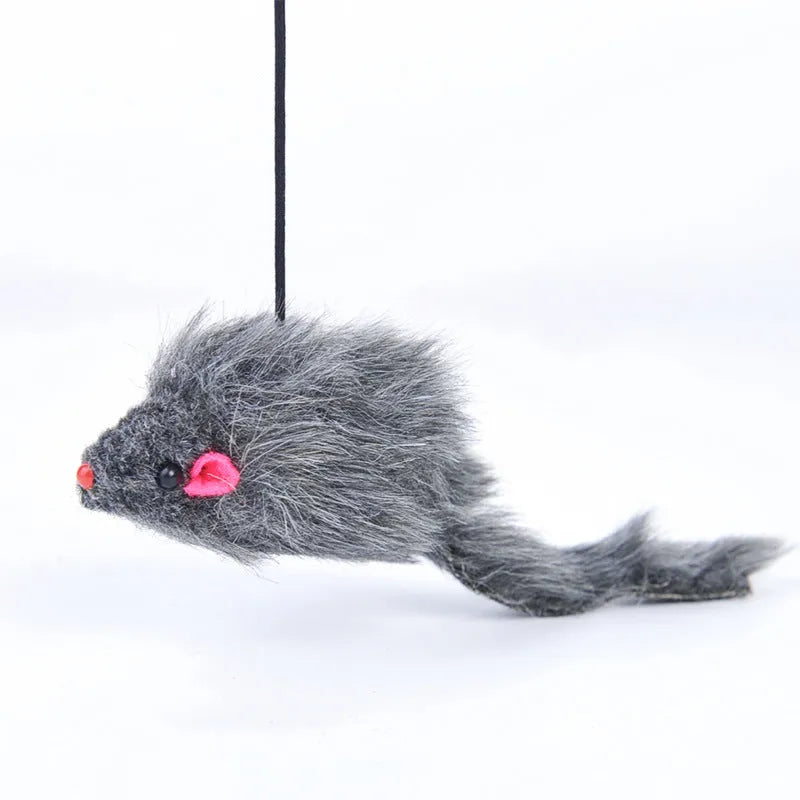 Cat toy with telescopic elastic rope hanging from door with plush mouse-shaped toy at bottom